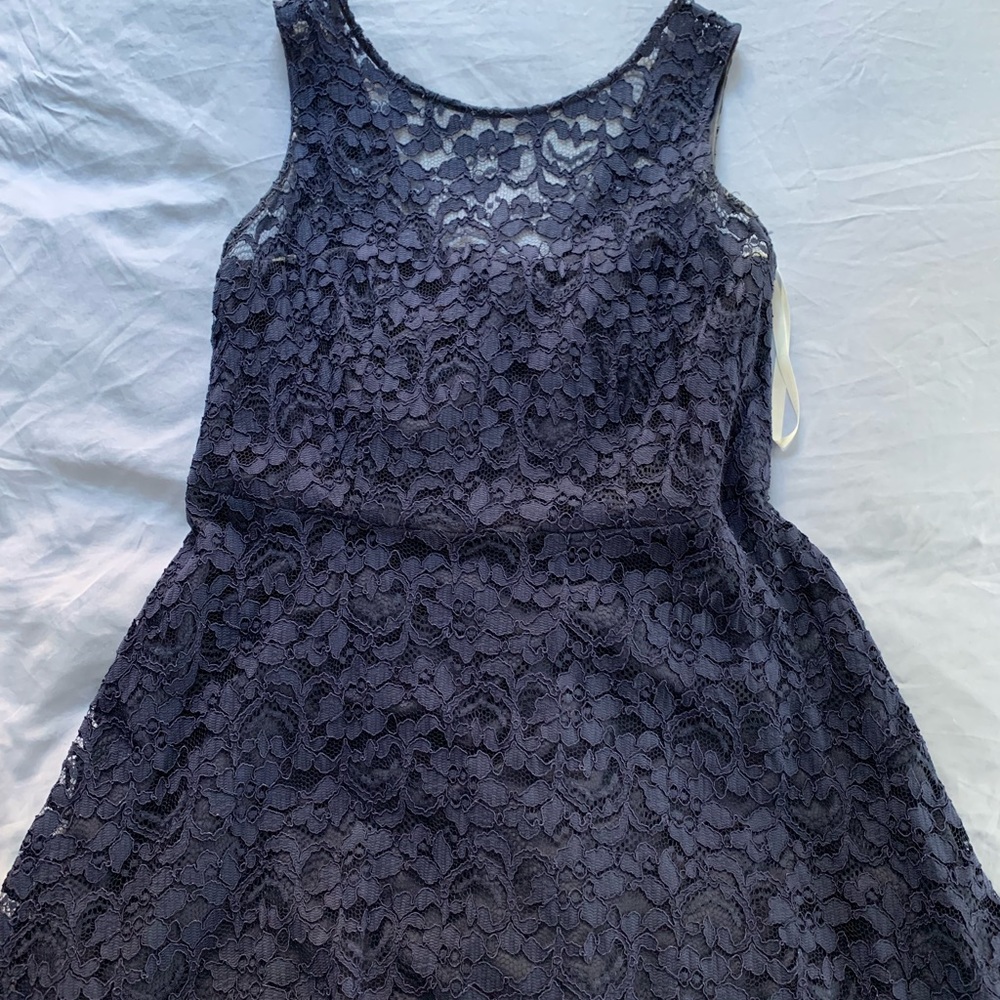 Navy lace David’s Bridal bridesmaid dress